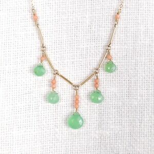 14k Gold Filled Gemstone Necklace Green Chrysoprase Coral Bead Teardrop Handmade
